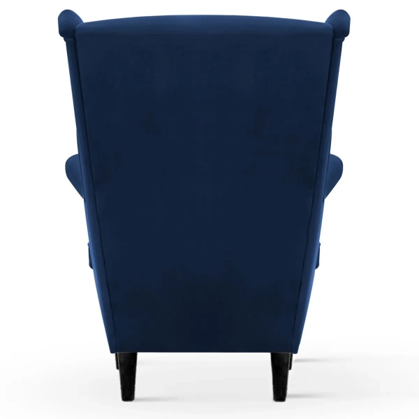 FOTEL USZAK Z GRANATOWEGO WELURU DO SALONU NA DREWNIANYCH NOGACH - TYŁ